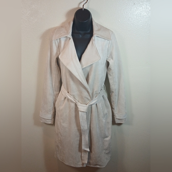 Abercrombie & Fitch Cream Vegan Suede Trench Coat Size Small - Picture 4 of 14